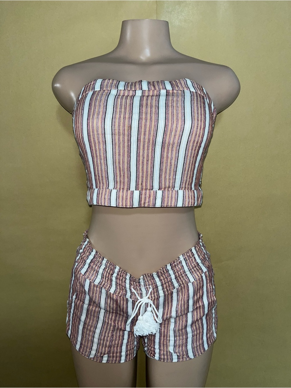 Roxy Brown and White Striped Tube Top & Shorts Set